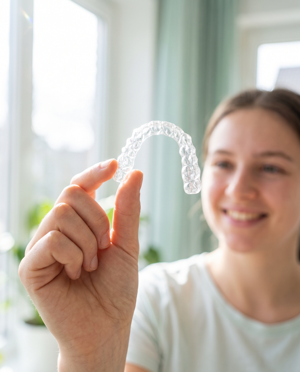 Hand holding a spotless clear retainer up to the light