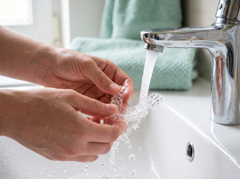 Rinsing the clean retainer under the tap