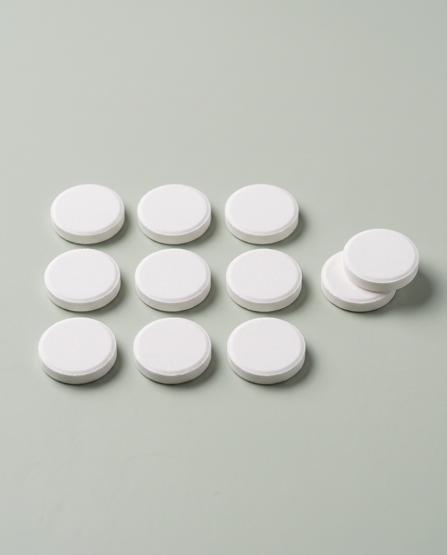 Round white cleaning tablets
