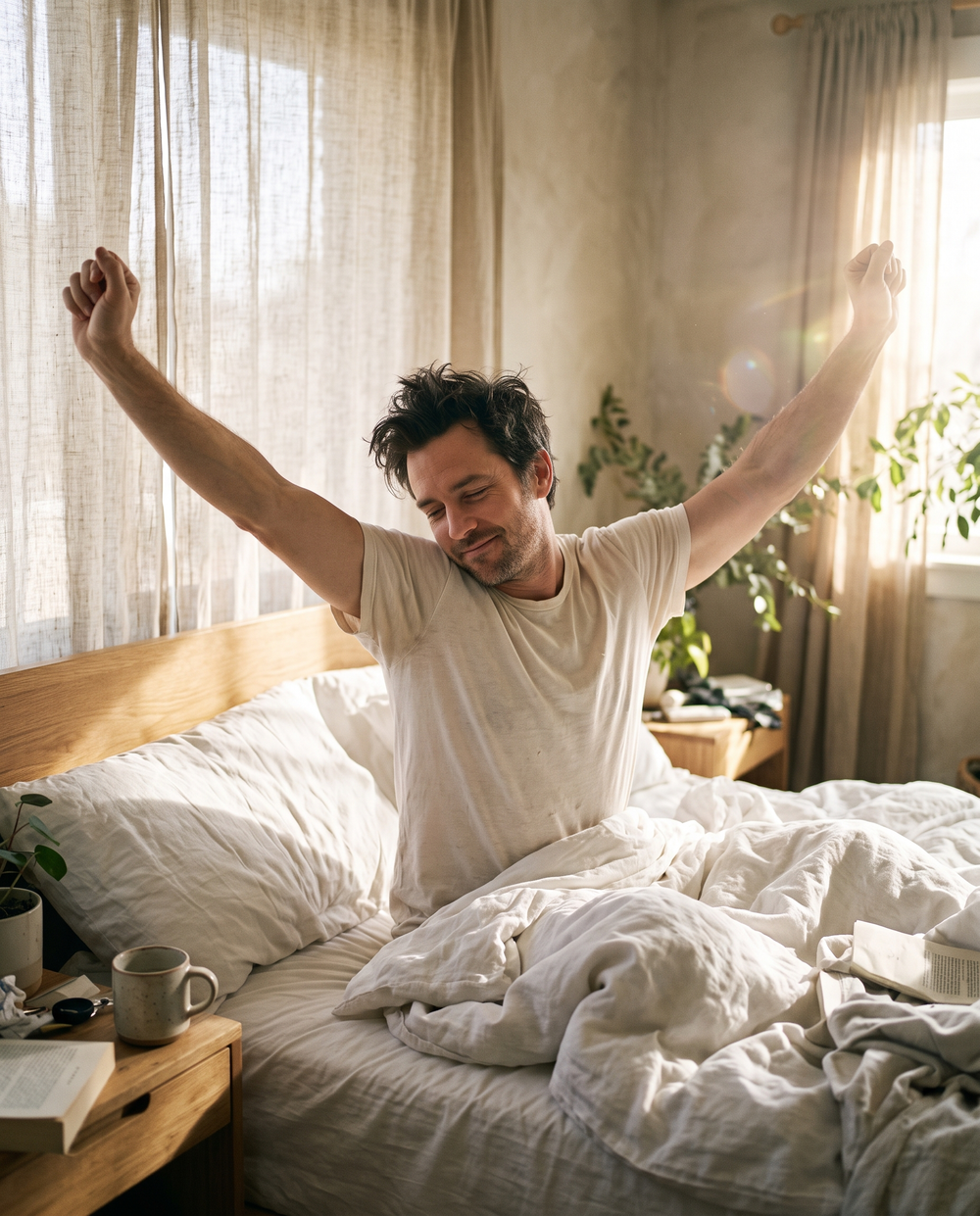 Man waking up refreshed in morning sun