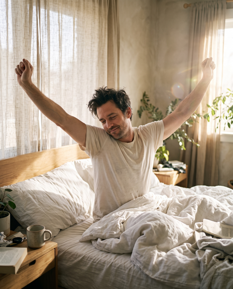 Man waking up refreshed in morning sun