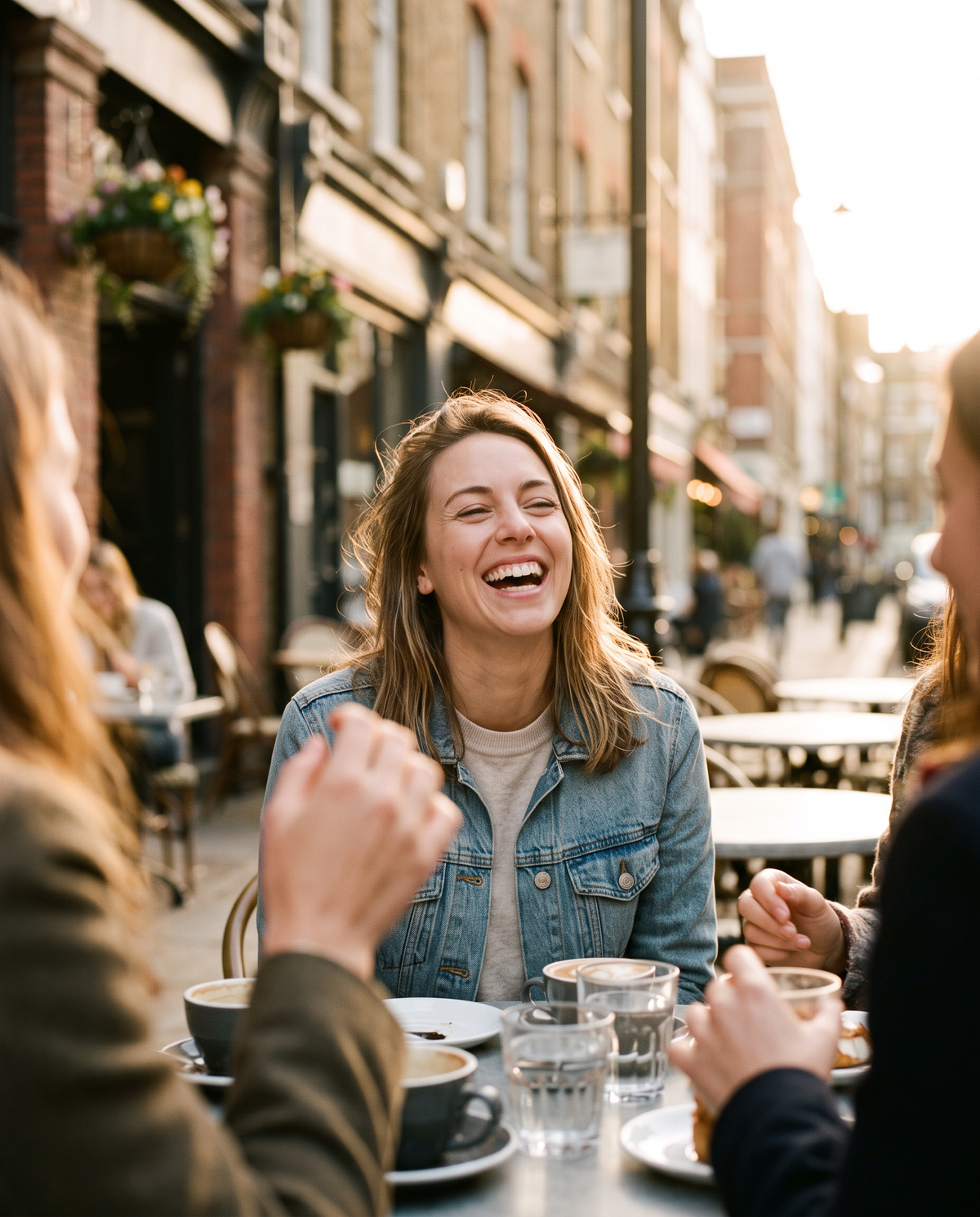 Woman laughing freely with friends at a sunny cafe