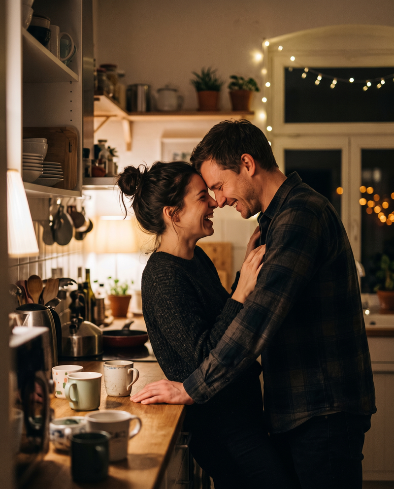 Couple laughing close together in a warm kitchen