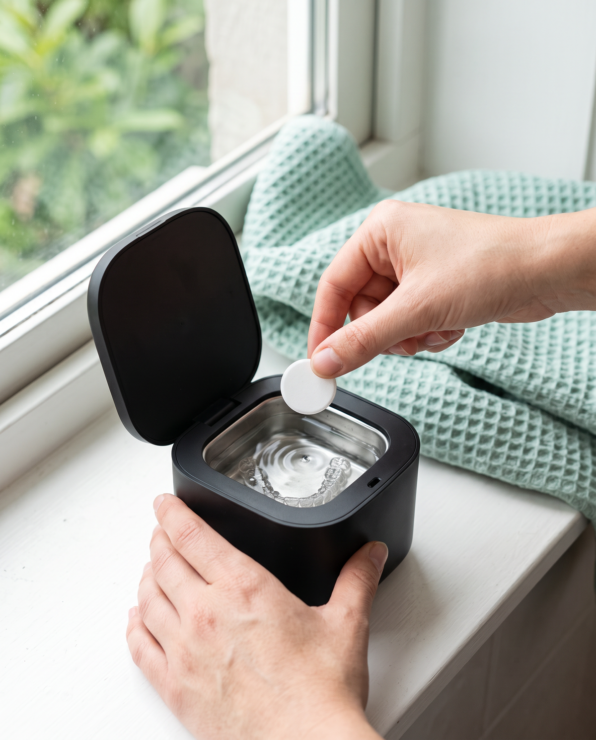 Dropping a round tablet into the pod