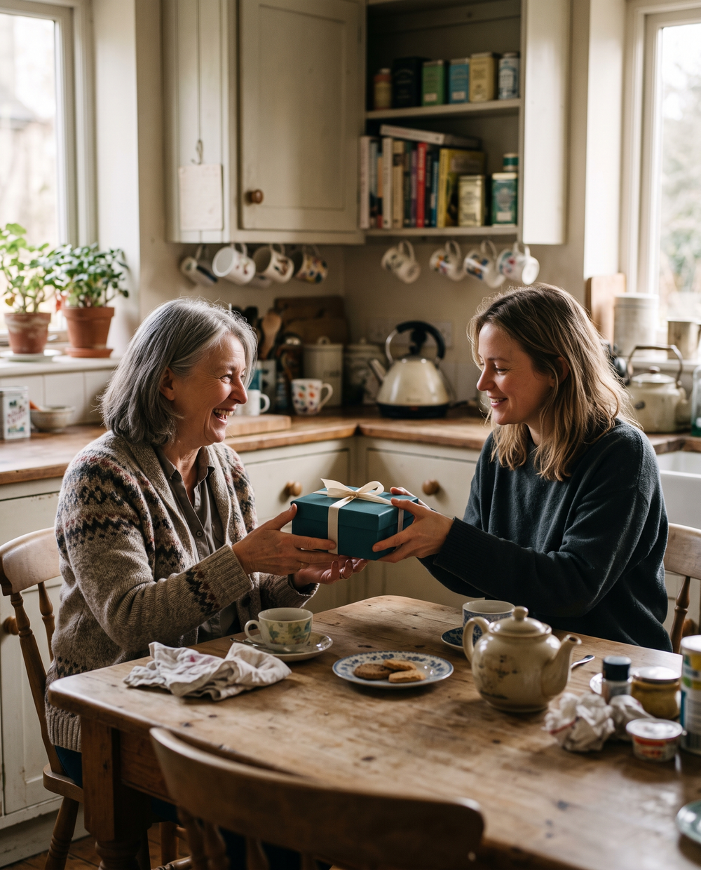 Daughter giving a gift to her smiling mother