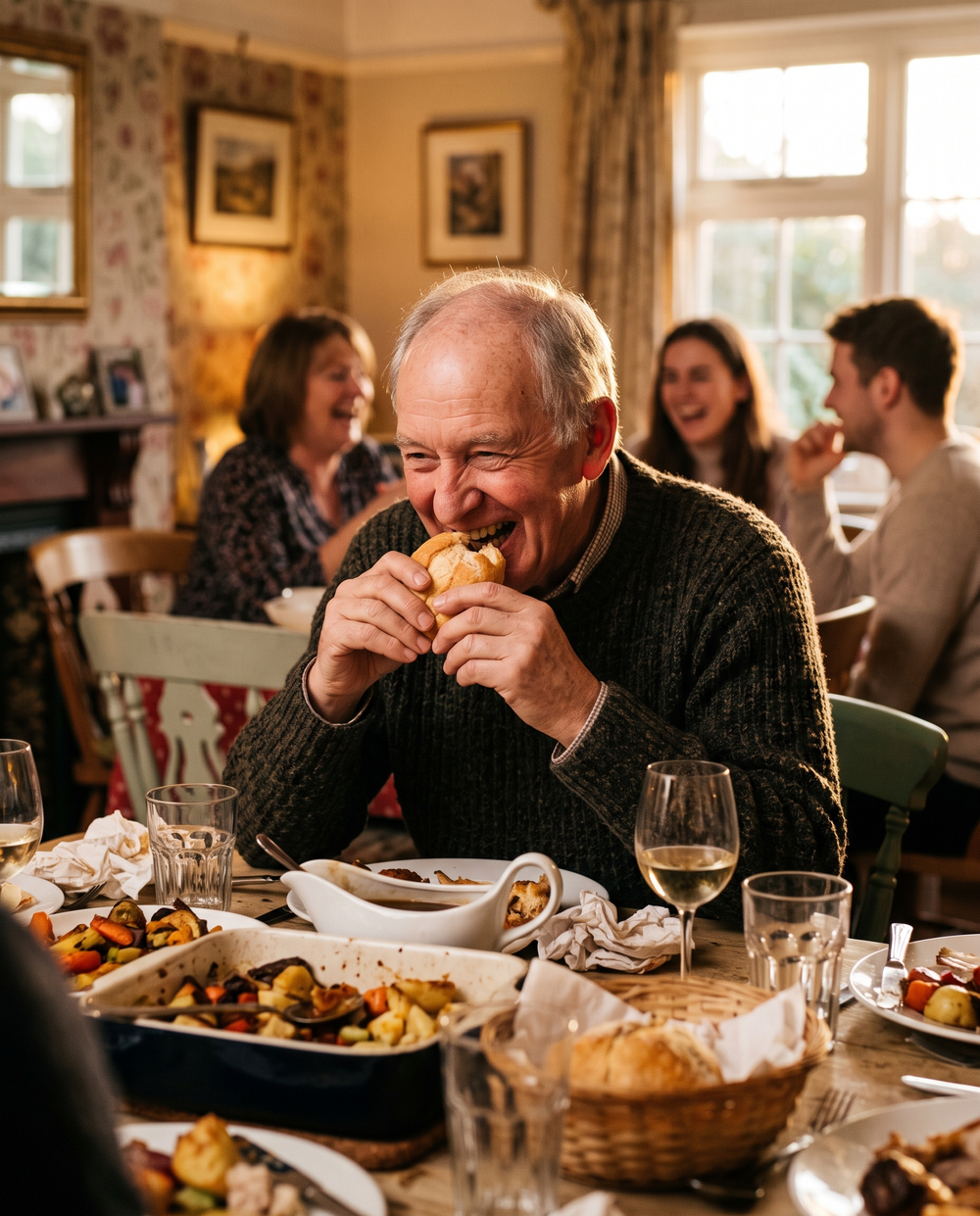 Grandfather laughing at Sunday dinner