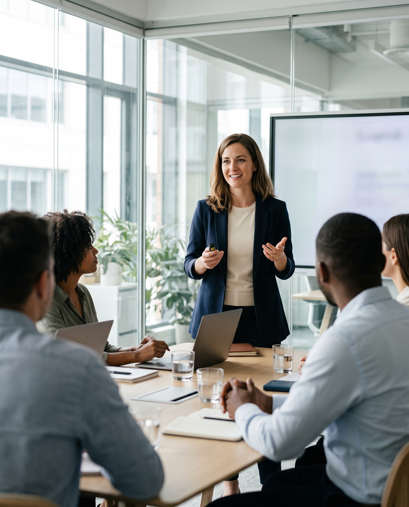 Woman smiling while presenting in a meeting