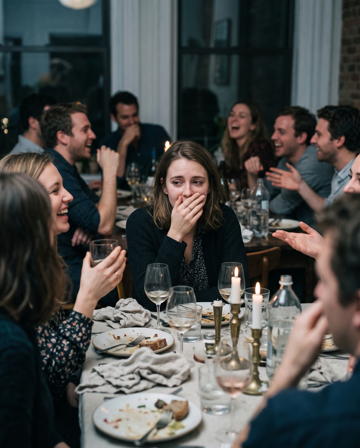Woman covering her mouth while friends laugh