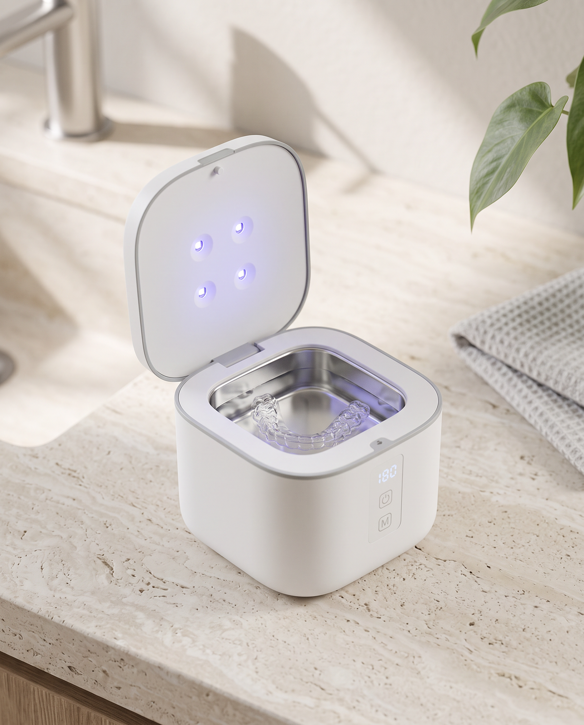 Littlemaddy Pod in white on a bathroom counter
