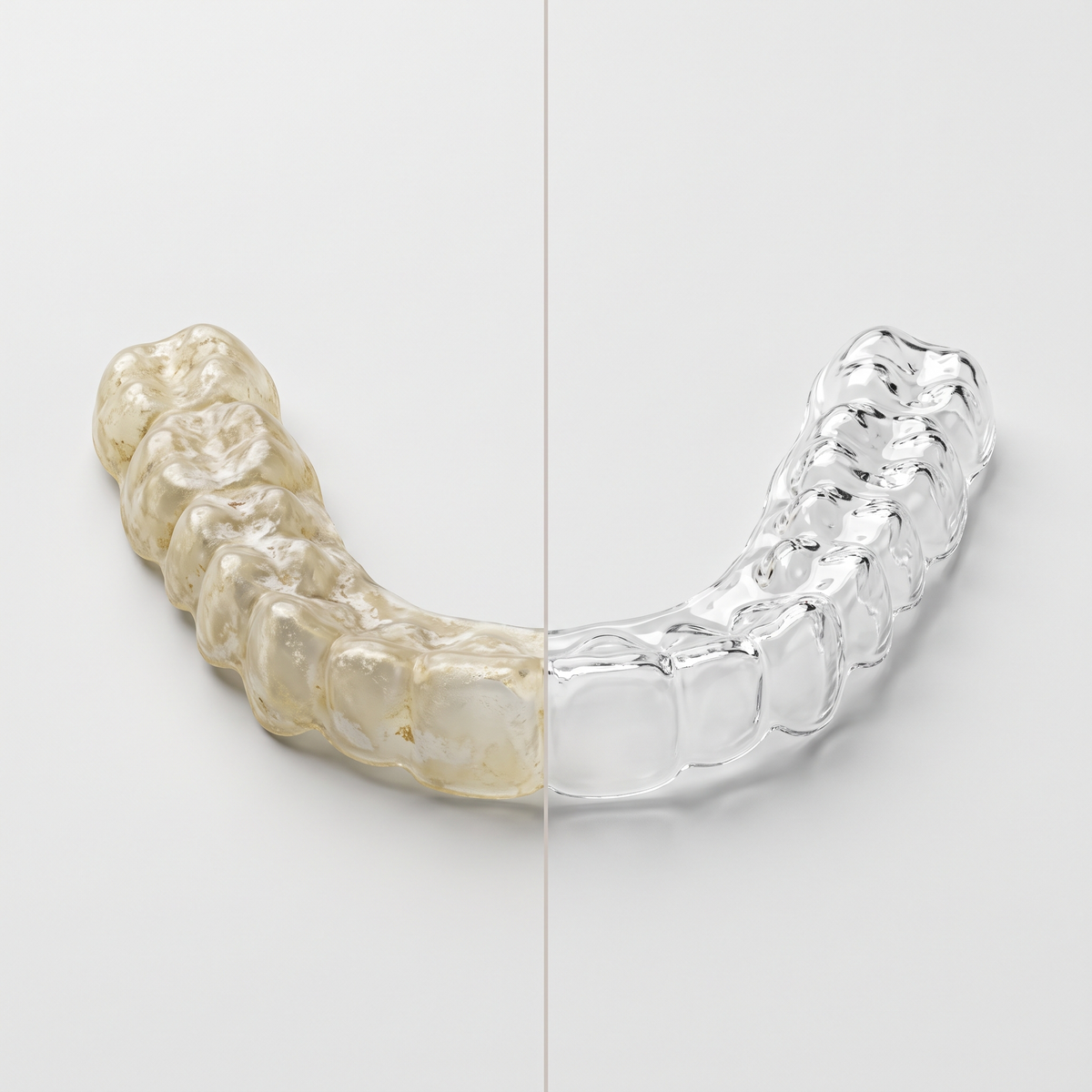 Cloudy retainer next to the same retainer, clear